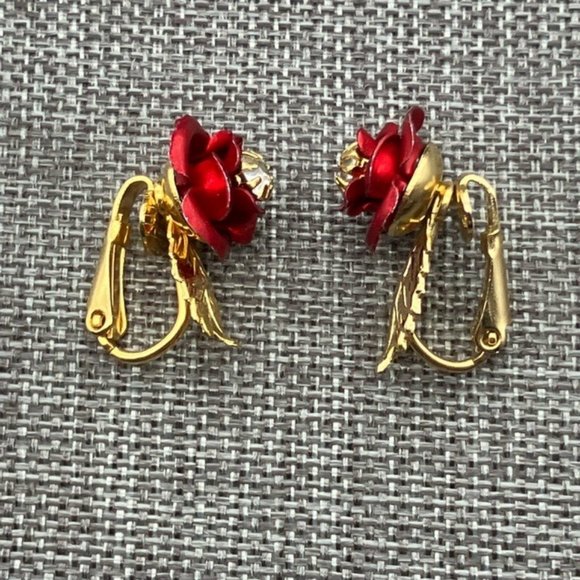 Clip On Earrings Red Rose Gold Leaf Rhinestone Center Flower Classic Granny - Picture 2 of 4